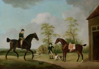 Francis Sartorius, Snr. - A Master of Foxhounds, said to be a Member of the Bowes Family, with an Attendant, a Saddled Bay Hunter and a Hound