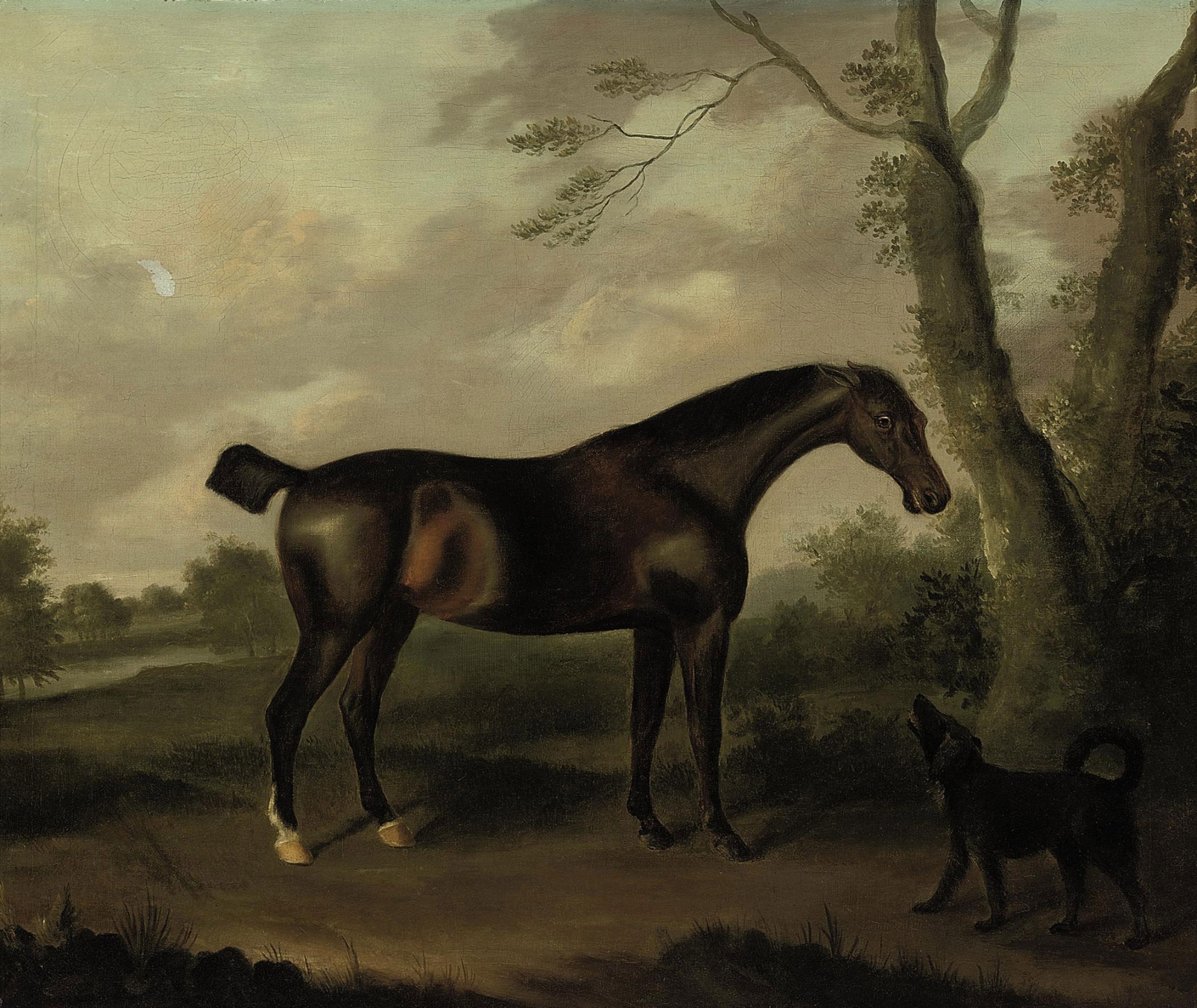 Francis Sartorius - A bay hunter in a landscape with a dog