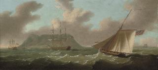 Francis Sartorius - A view of Gibraltar from the south with H.M.S. Ajax anchored in the bay and the armed cutter Frisk approaching her stern