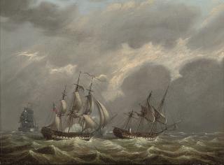 Francis Sartorius - His Majesty\'s frigate Clyde capturing the French frigate Vestale, whilst the French corvette Sagesse engages at long range, 20th August 1799