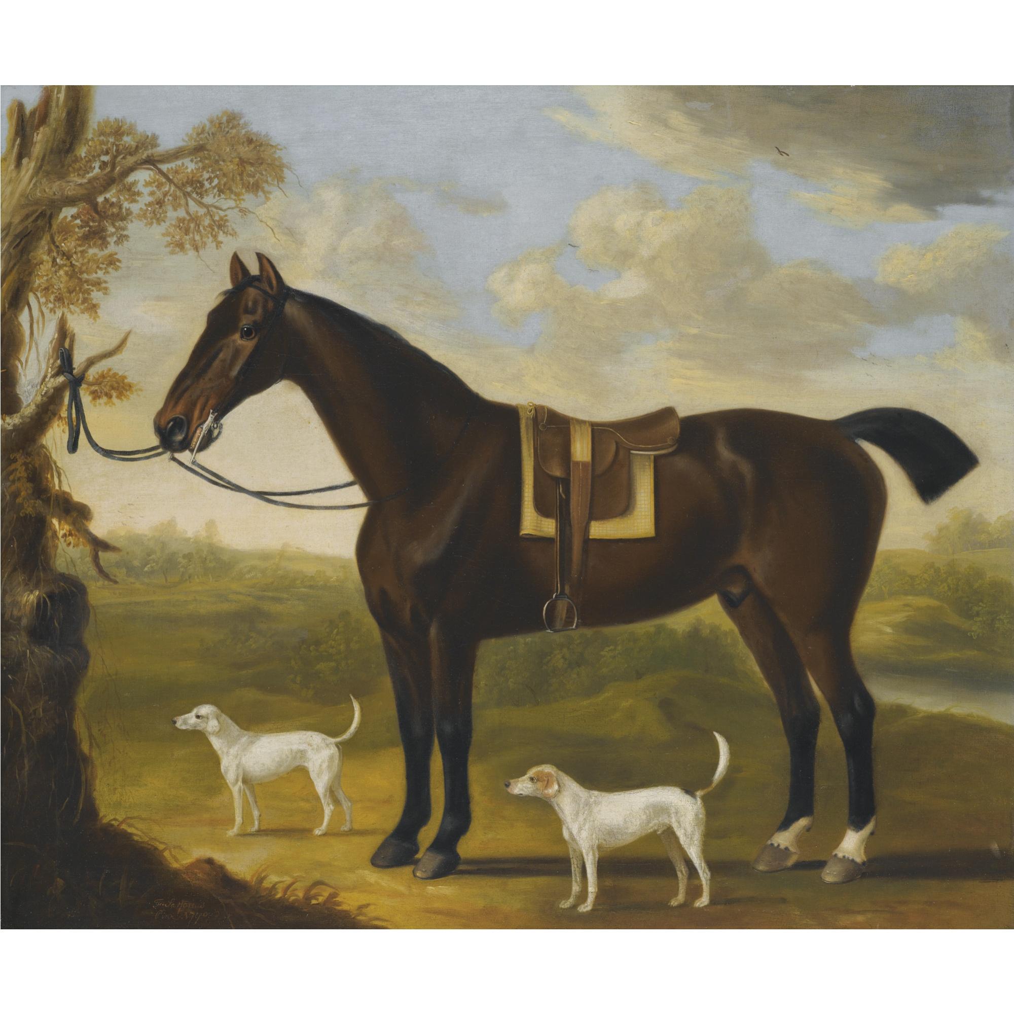 Francis Sartorius - Portrait Of A Bay Hunter And Hounds In A Landscape
