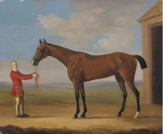 Francis Sartorius - Sir Patrick Blake\'s Sir Anthony held by a groom by a stable in a landscape