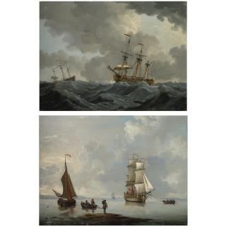 Francis Swaine - A British Man Of War Being Towed To Anchor; Two Frigates In An Approaching Storm