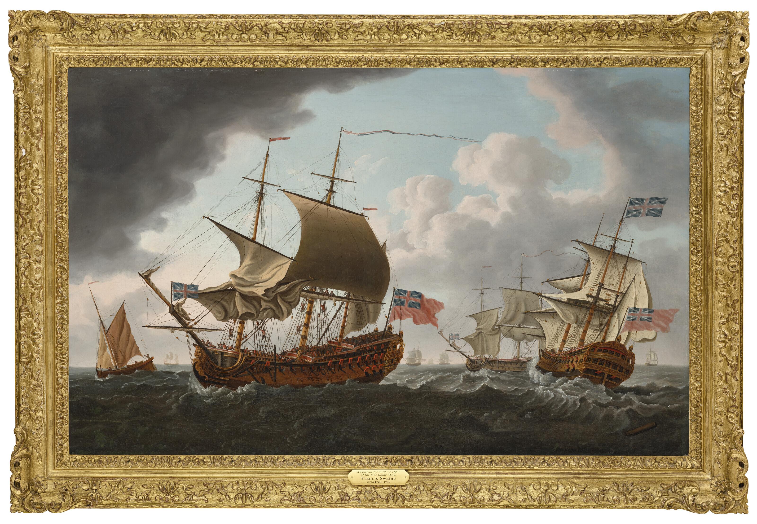 Francis Swaine - A British warship in three positions in the Channel