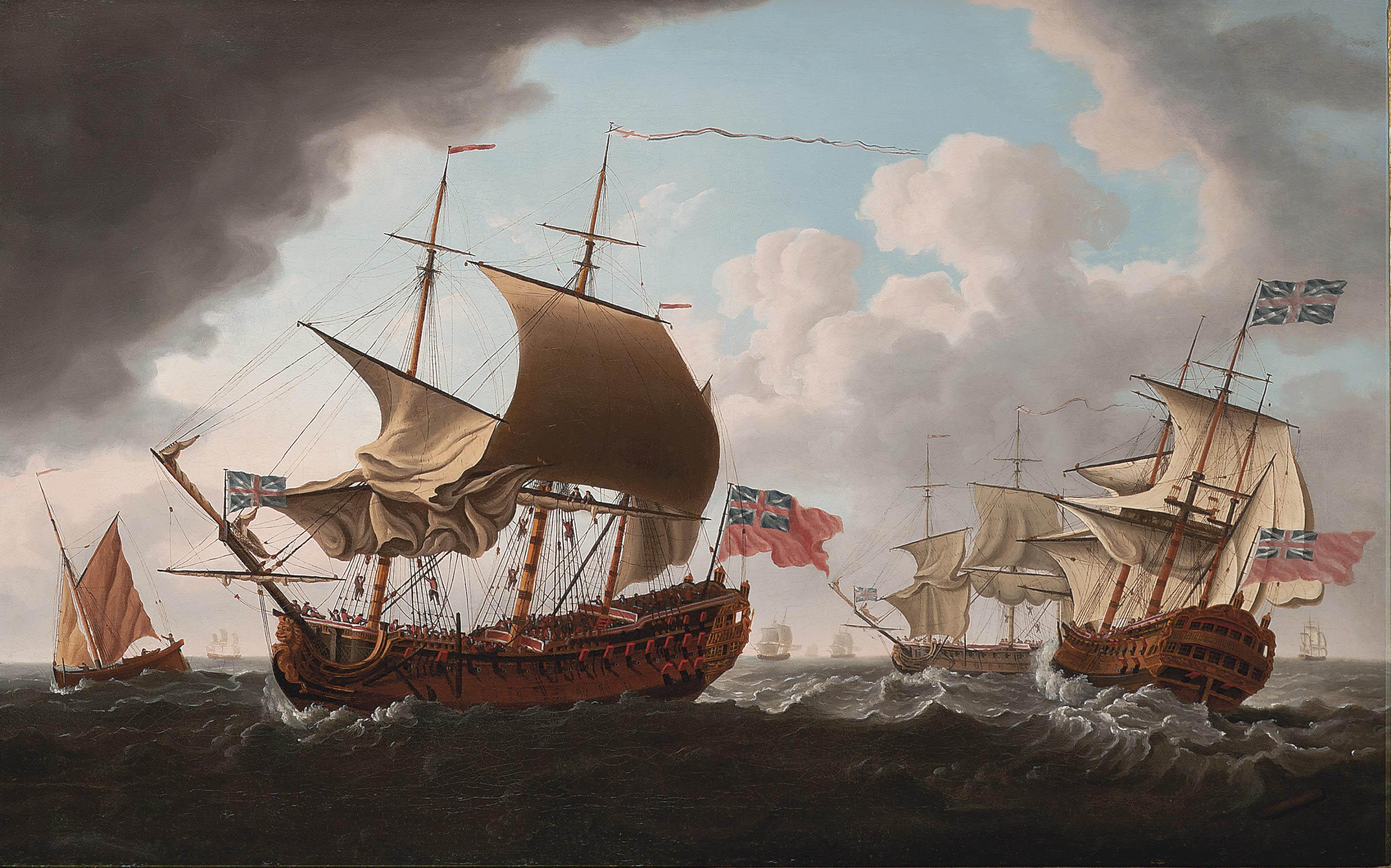 Francis Swaine - A British warship in three positions in the Channel