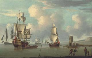 Francis Swaine - A ship\'s launch containing visitors pulling away from the side of an anchored man-o\'war as she dries her sails amidst other vessels offshore