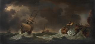Francis Swaine - A squadron caught in a gale, with a ship-of-the-line foundering on the rocky shore