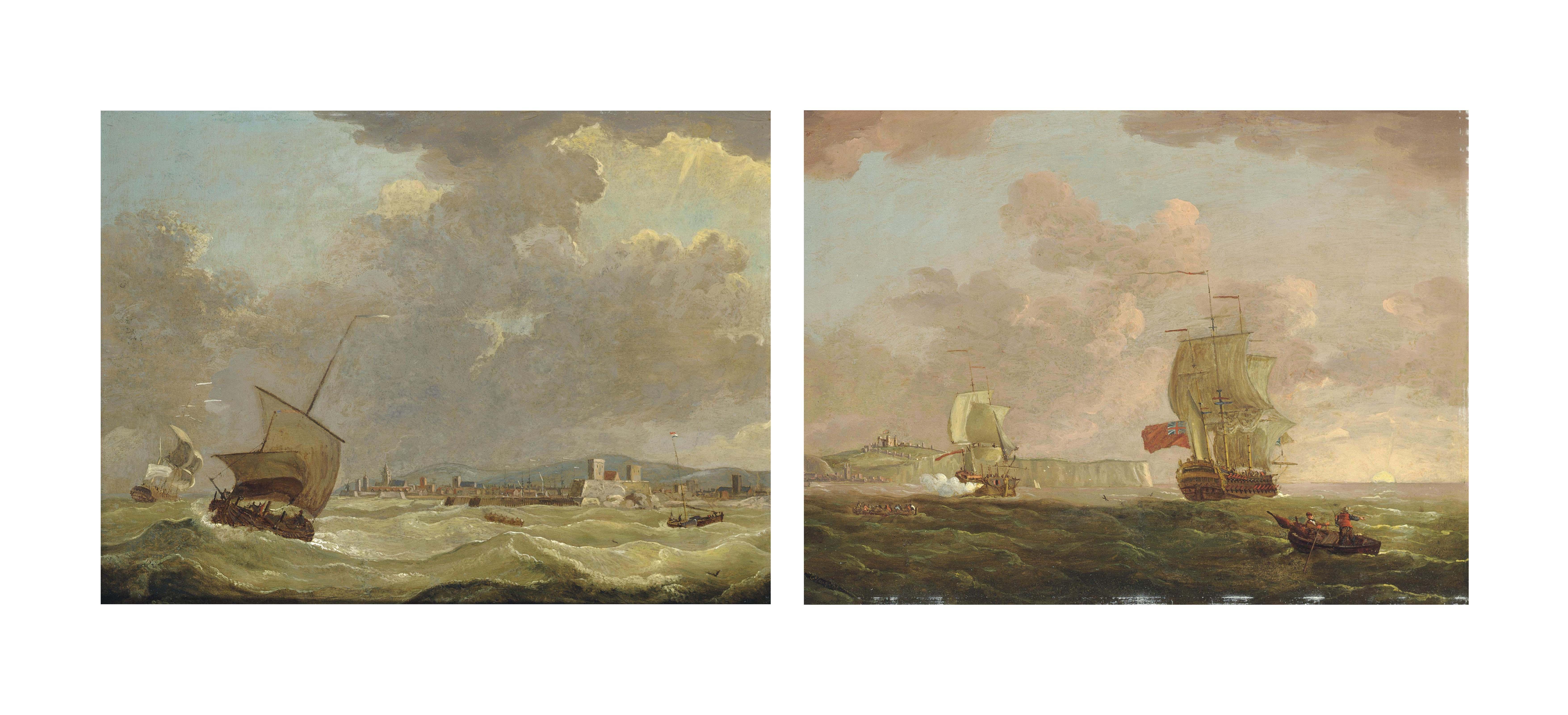 Francis Swaine - A Warship Saluting A British Two-Decker As She Runs Up The Strait Of Dover In The Channel; And Shipping In A Stiff Breeze Off A Channel Port (Both Illustrated)