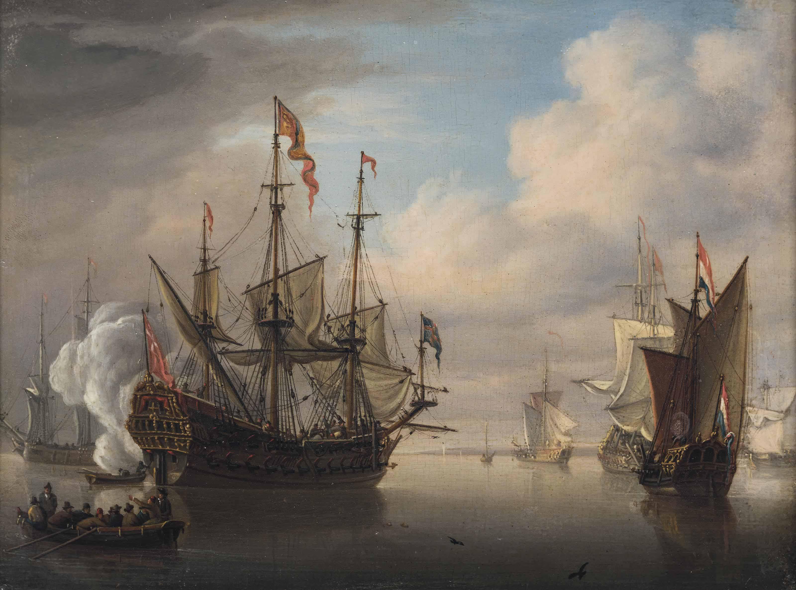 Francis Swaine - An English two-decker, probably with the King aboard, making ready to depart from her offshore anchorage, and according a Dutch Admiralty yacht the usual salute as she passes