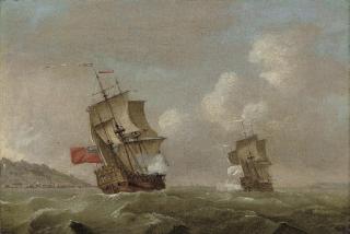 Francis Swaine - An English warship pursuing a Frenchman up the coast