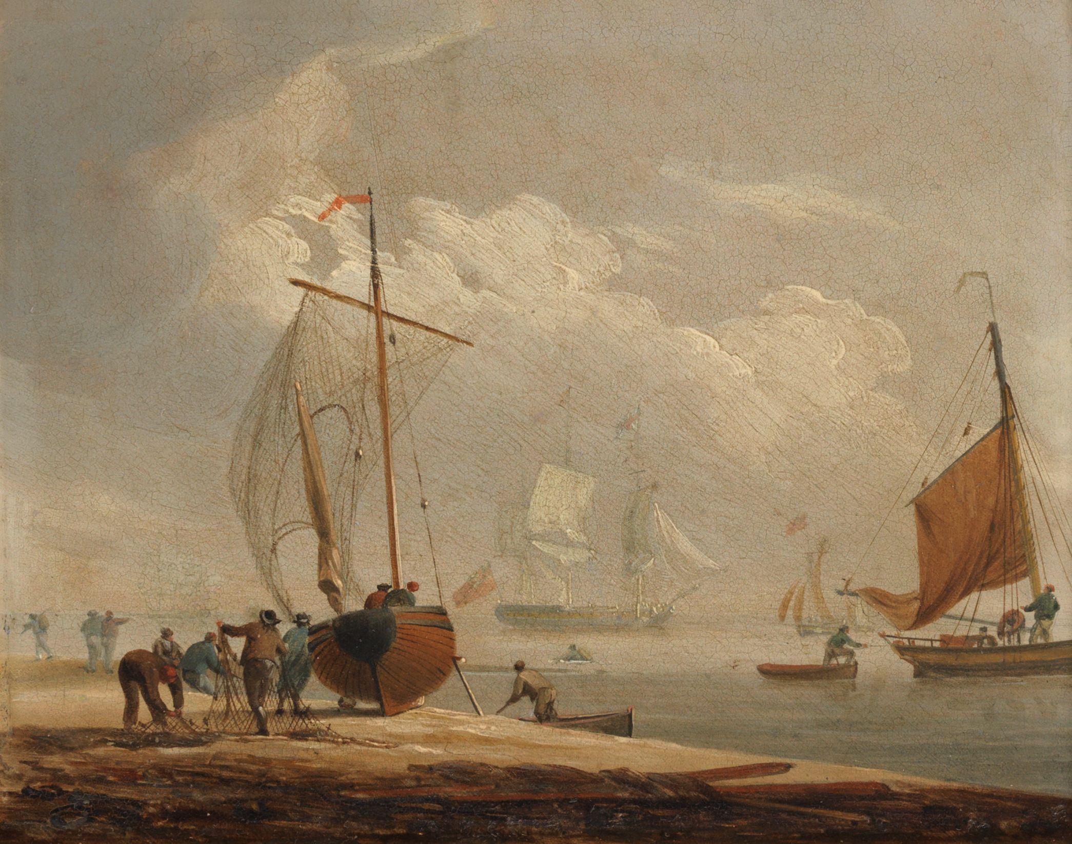 Francis Swaine - Fishermen mending nets beside a beached boat