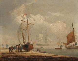 Francis Swaine - Fishermen mending nets beside a beached boat