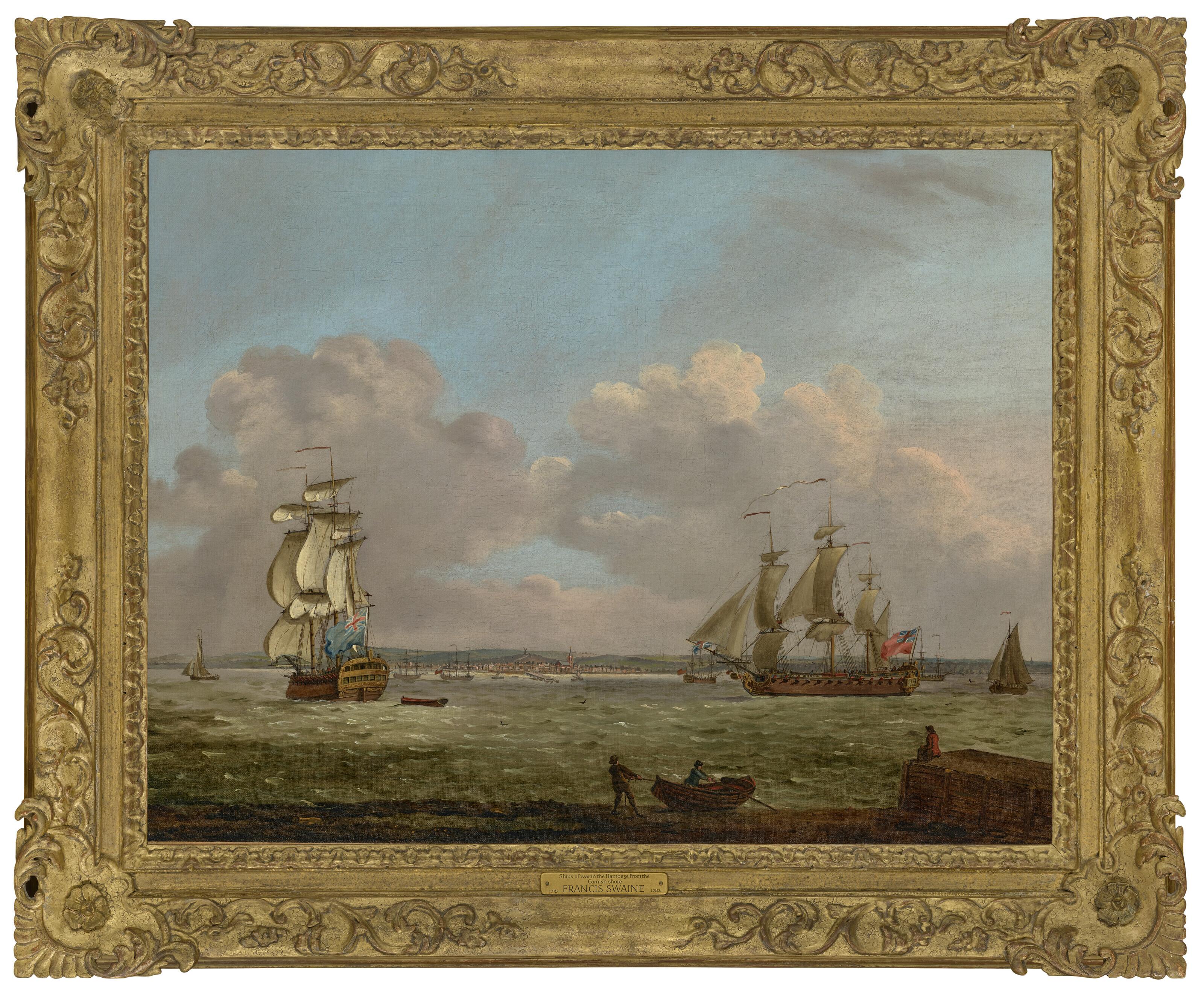 Francis Swaine - Men-o\'war anchored in the Hamoaze, Plymouth docks and coastline beyond