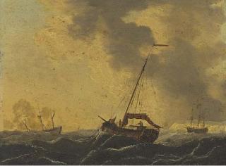 Francis Swaine - Men-o\'war in coastal waters;  and Shipping riding out a gale in the Channel
