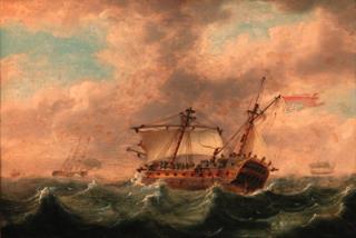Francis Swaine - Ships of the fleet in a heavy swell; and A frigate in distress under jury rig