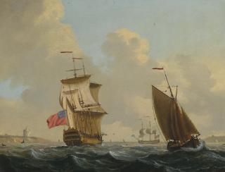 Francis Swaine - Two British Men Of War And A Fishing Boat Under Sail Off The Coast; And A British Man Of War And A Fishing Boat Under Sail In Choppy Seas Off The Coast, With A Frigate At Anchor