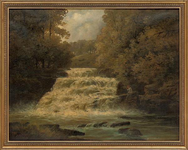Francis Sydney Muschamp, R.B.A. - An angler by a waterfall