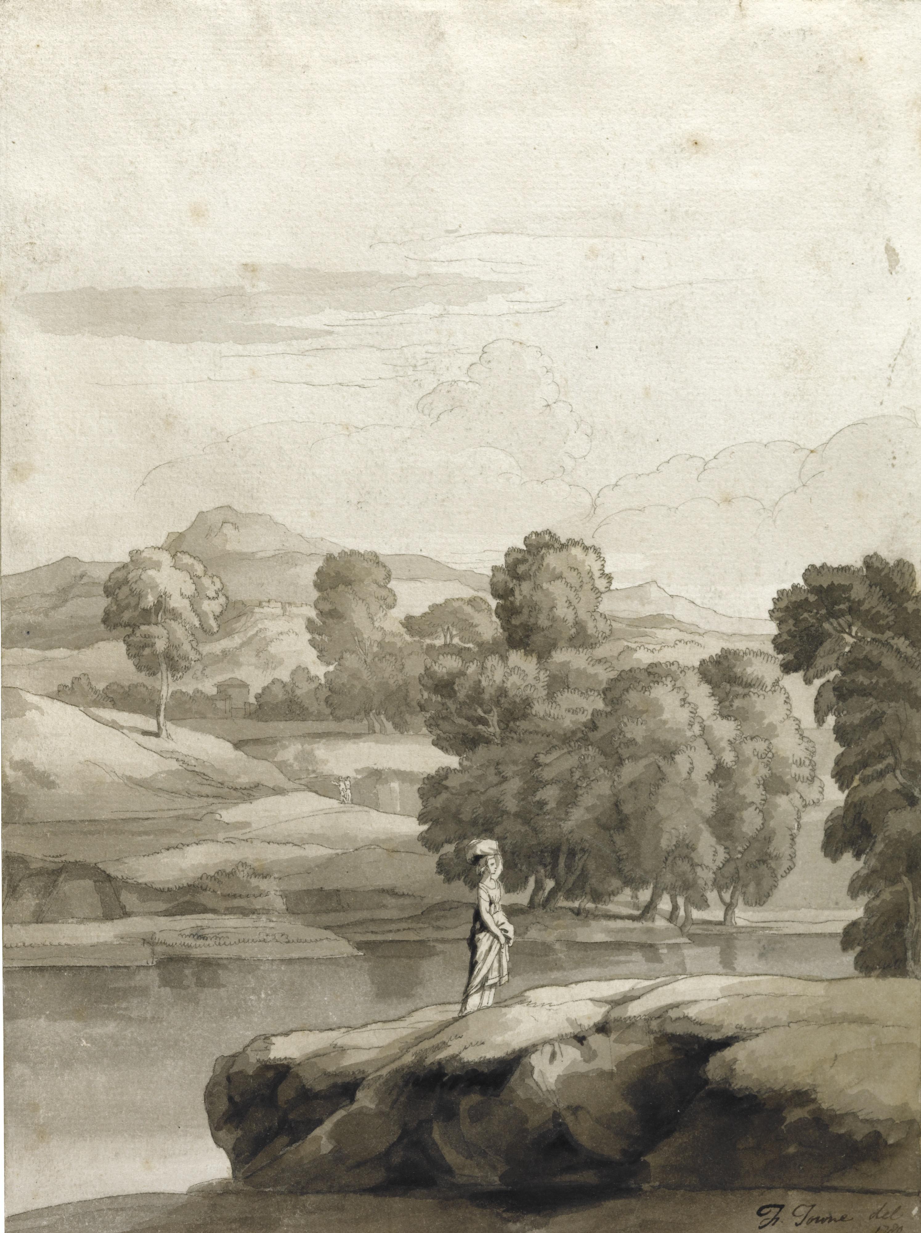 Francis Towne - A Lady Walking Beside An Italian Lake