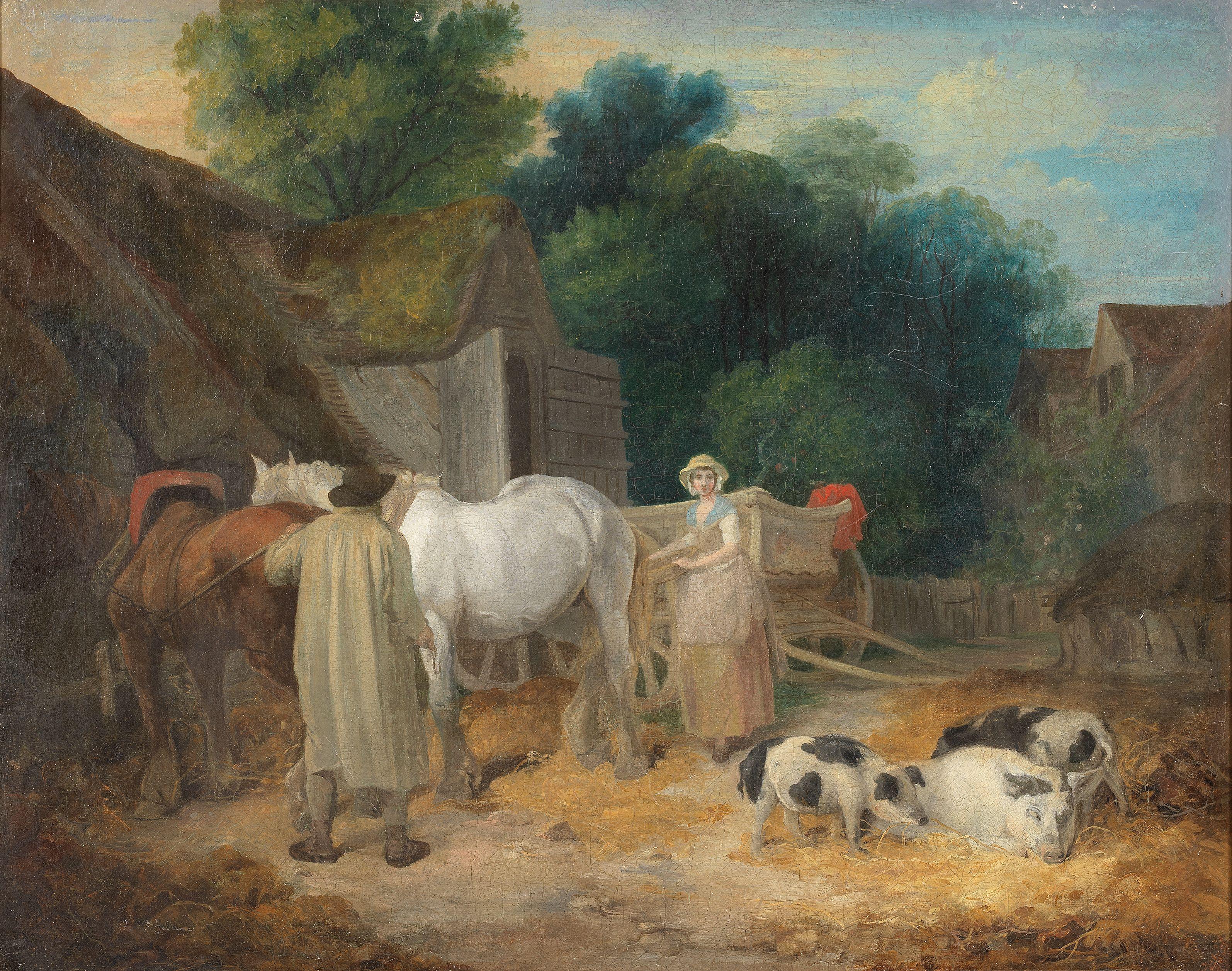 Francis Wheatley R.A. - A farmyard scene with horse and cart and pigs