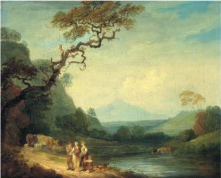 Francis Wheatley, R.A. - A River Landscape With Figures And Cattle On A Road