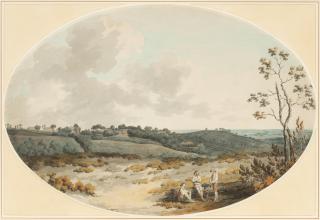 Francis Wheatley R.A. - An extensive landscape with labourers at rest on a heath