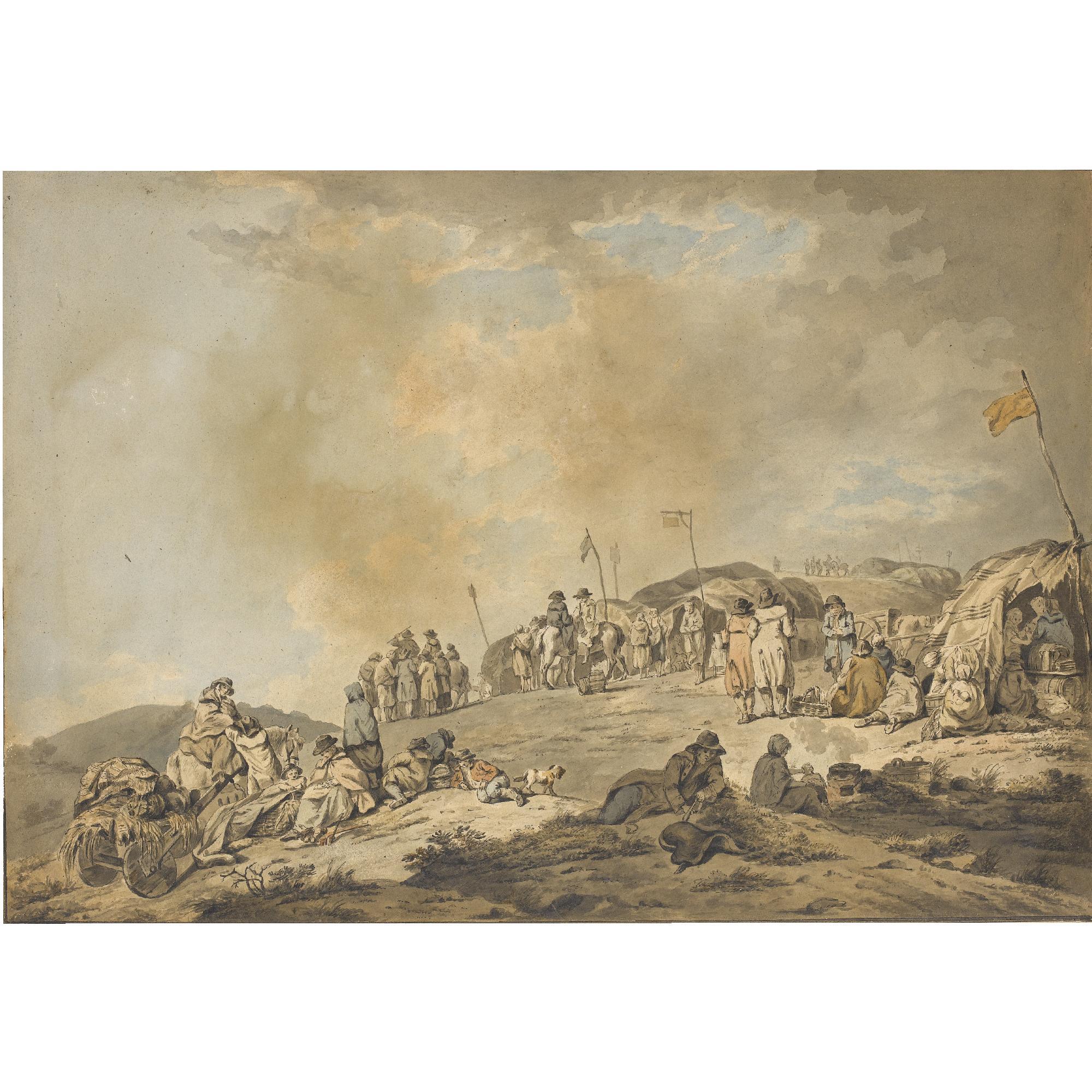 Francis Wheatley R.A. - Donnybrook Fair; A Group Of Tents On A Bare Hillside With Peasants Gathered Round The Stalls, A Family Of Gipsies Resting In The Foreground