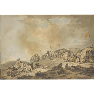Francis Wheatley R.A. - Donnybrook Fair; A Group Of Tents On A Bare Hillside With Peasants Gathered Round The Stalls, A Family Of Gipsies Resting In The Foreground