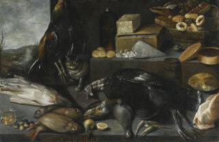 Francisco Barrera - An Allegory Of The Month Of December, With A Cat And A Still Life Of Fowl, Fish, Sweetmeats And Chocolate On A Stone Ledge