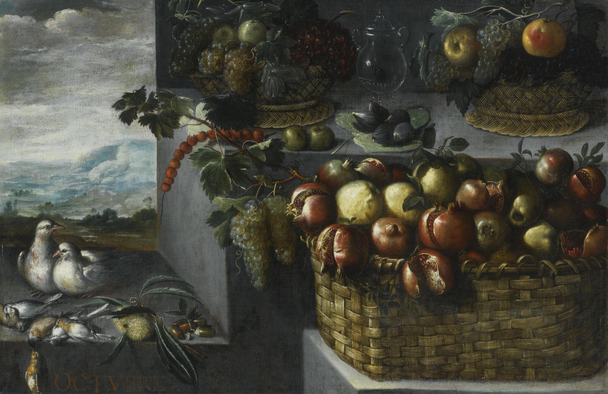 Francisco Barrera - An Allegory Of The Month Of October, With A Still Life Of Baskets Of Pomegranates, Apples, Grapes And Other Fruits, A Pair Of Doves And Songbirds On A Stone Ledge