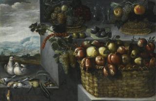 Francisco Barrera - An Allegory Of The Month Of October, With A Still Life Of Baskets Of Pomegranates, Apples, Grapes And Other Fruits, A Pair Of Doves And Songbirds On A Stone Ledge