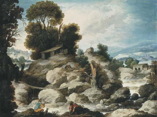Francisco Collantes - A rocky river landscape with fishermen and shepherds resting with their flock