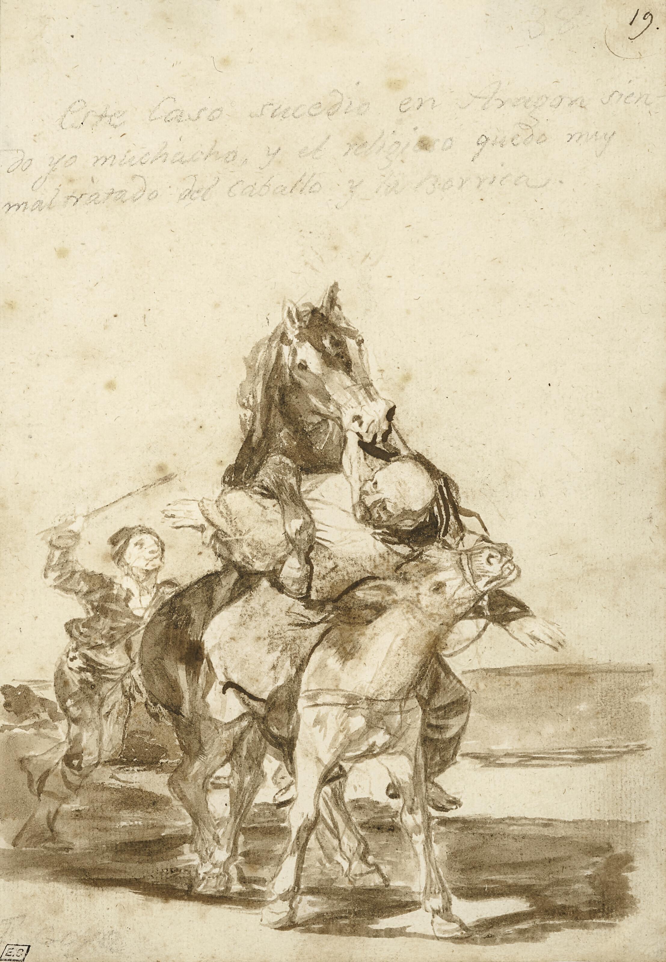 Francisco de Goya y Lucientes - A horse covering a she-donkey, while straddling a monk riding it