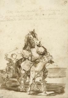 Francisco de Goya y Lucientes - A horse covering a she-donkey, while straddling a monk riding it