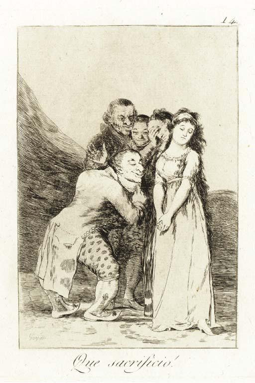 Francisco De Goya Y Lucientes - Tantalo; Que Sacrificio!; Ysele Quema la Casa; and Qual la Descanonan!, from Los Caprichos (D. 46, H. 44; D. 51, H. 49; D. 55, H. 53; and D. 58, H. 56)