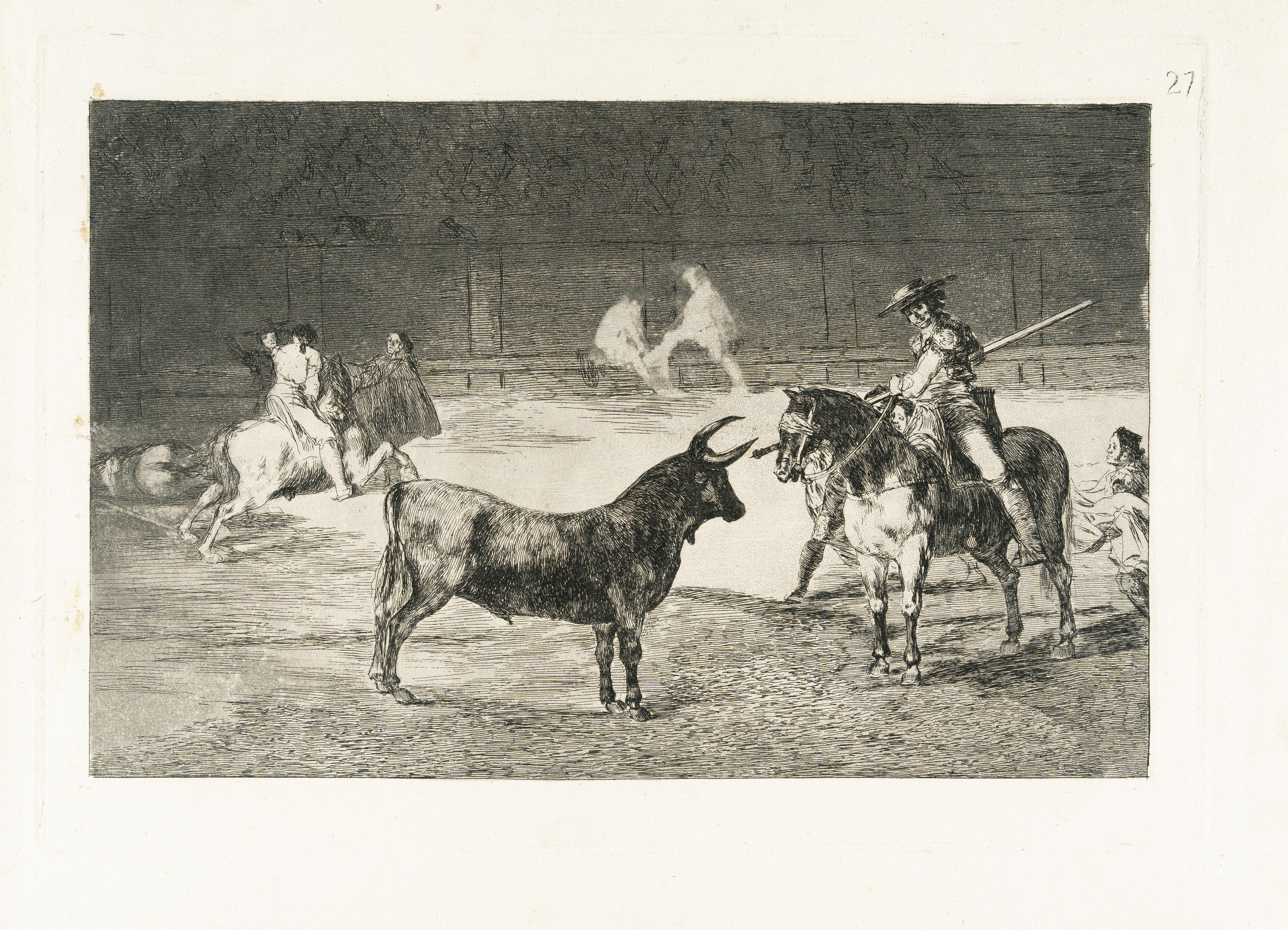 Francisco de Goya - El Célebre Fernando de Toro, Barilarguero, Obligando á la Fiera con su Garrocha (Der berühmte Fernando de Toro, Barilarguero, bezwingt die Bestie mit seiner Garrocha (einer Art Stange)