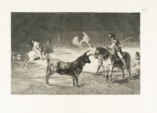 Francisco de Goya - El Célebre Fernando de Toro, Barilarguero, Obligando á la Fiera con su Garrocha (Der berühmte Fernando de Toro, Barilarguero, bezwingt die Bestie mit seiner Garrocha (einer Art Stange)