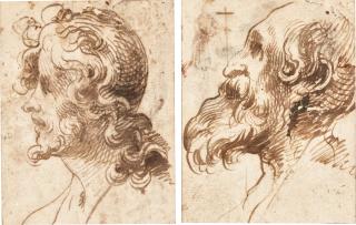 Francisco Herrera the Elder - Head Of A Young Man In Profile And Head Of An Old Man In Profile, With A Separate Study Of A Full Length Figure Holding A Cross, Upper Left