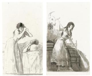 Francisco José De Goya Y Lucientes - Recto: A Young Woman Arranging Her Hair Beside A Bed On Which Another Woman Is Resting; Verso: A Young Woman Sweeping In A Tavern