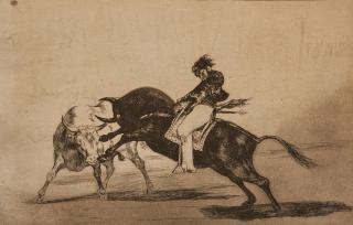 Francisco José De Goya y Lucientes - The Same Ceballos Mounted on Another Bull Breaks Short Spears in the Ring at Madrid, Plate 24 from La Tauromaquia