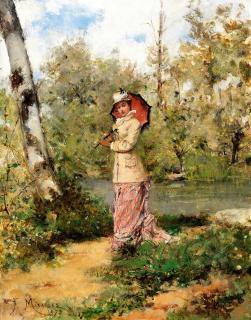 Francisco Miralles Y Galup - An Elegant Woman On A River Bank