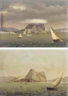 Francisco Vidal - Shipping off Gibraltar with the fleet in harbour:  Morning and Evening