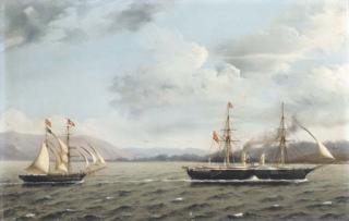Francisco Vidal - The Spanish paddle frigate Hernan Cortes towing the Amistad into port, 3rd December, 1872