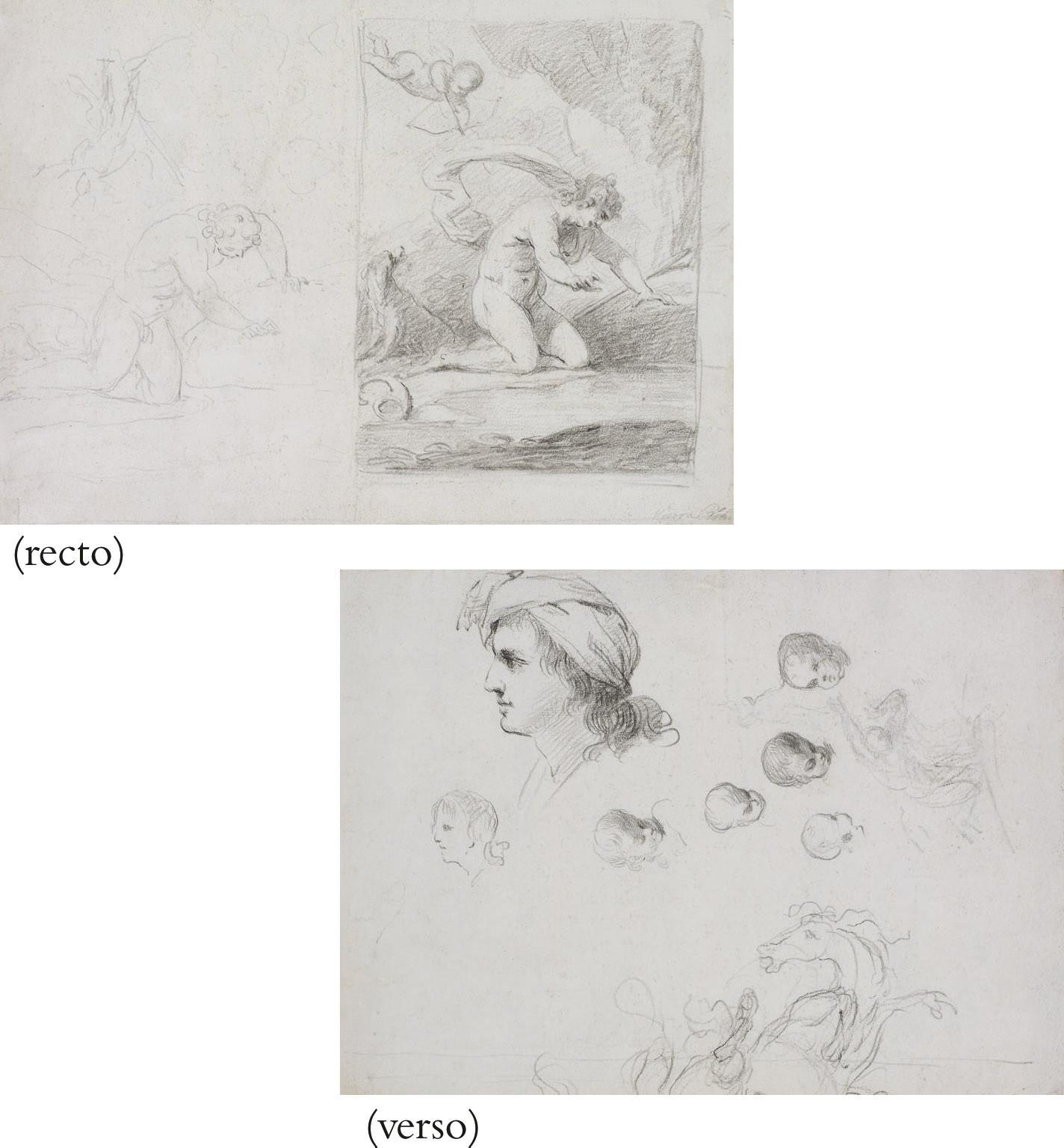 Francisco Vieira Portuense - Narcissus looking at his reflection in the water (recto); studies of heads (verso)