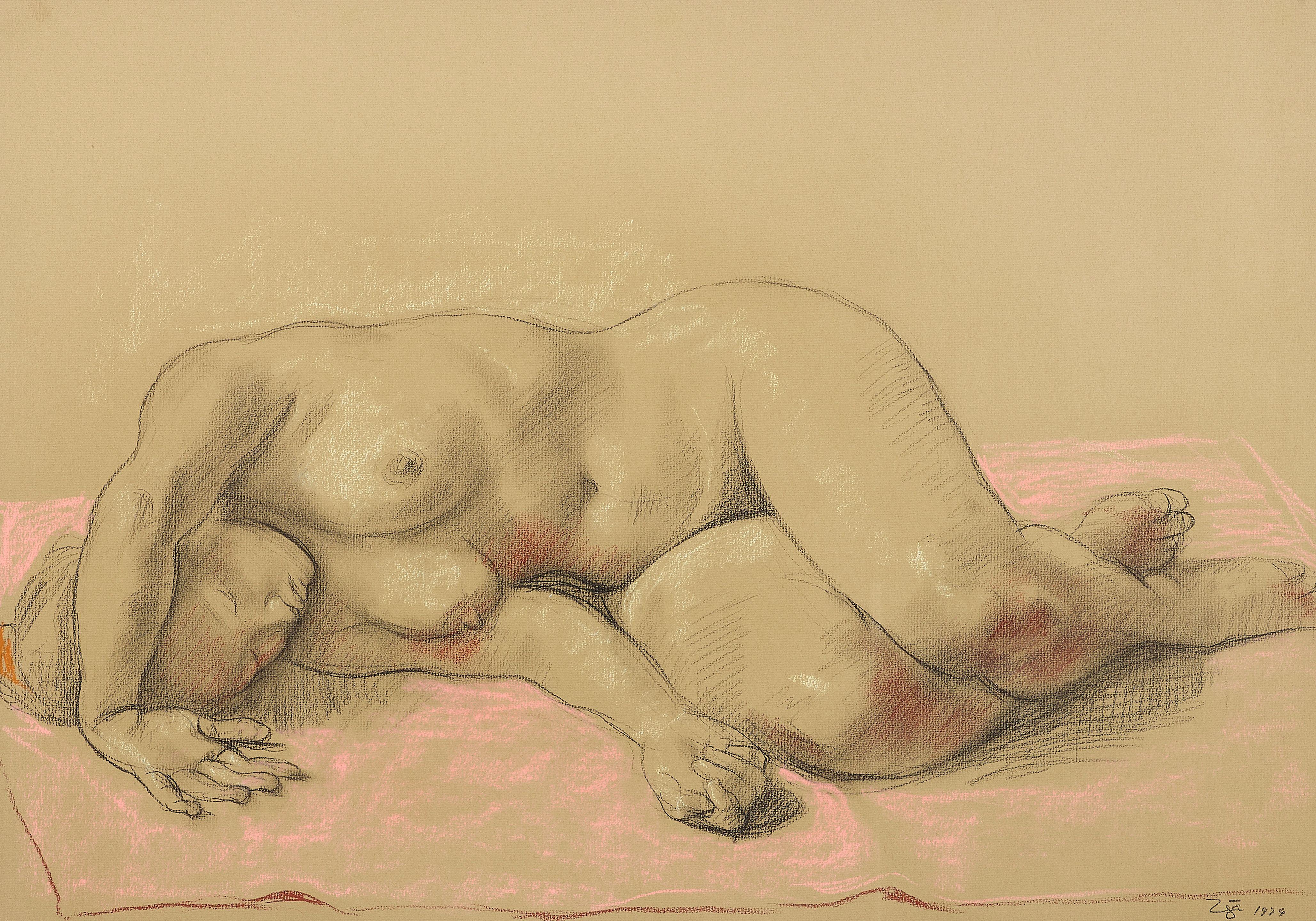 Francisco Zúñiga - Desnudo Acostado en Paño Rosa [Lying Down Nude on Pink Cloth]