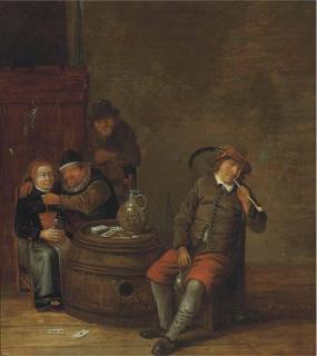 Franciscus Carré - Boors smoking and drinking in an interior