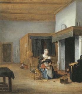 Franciscus Carree - An interior with a woman seated by the fire holding a child upon her lap
