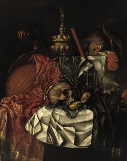 Franciscus Gijsbrechts - A skull, a gold pocket watch, an hour glass, a globe, musical instruments, a gold \'tazza\' and an open book on a partially draped table: a \'Vanitas\'