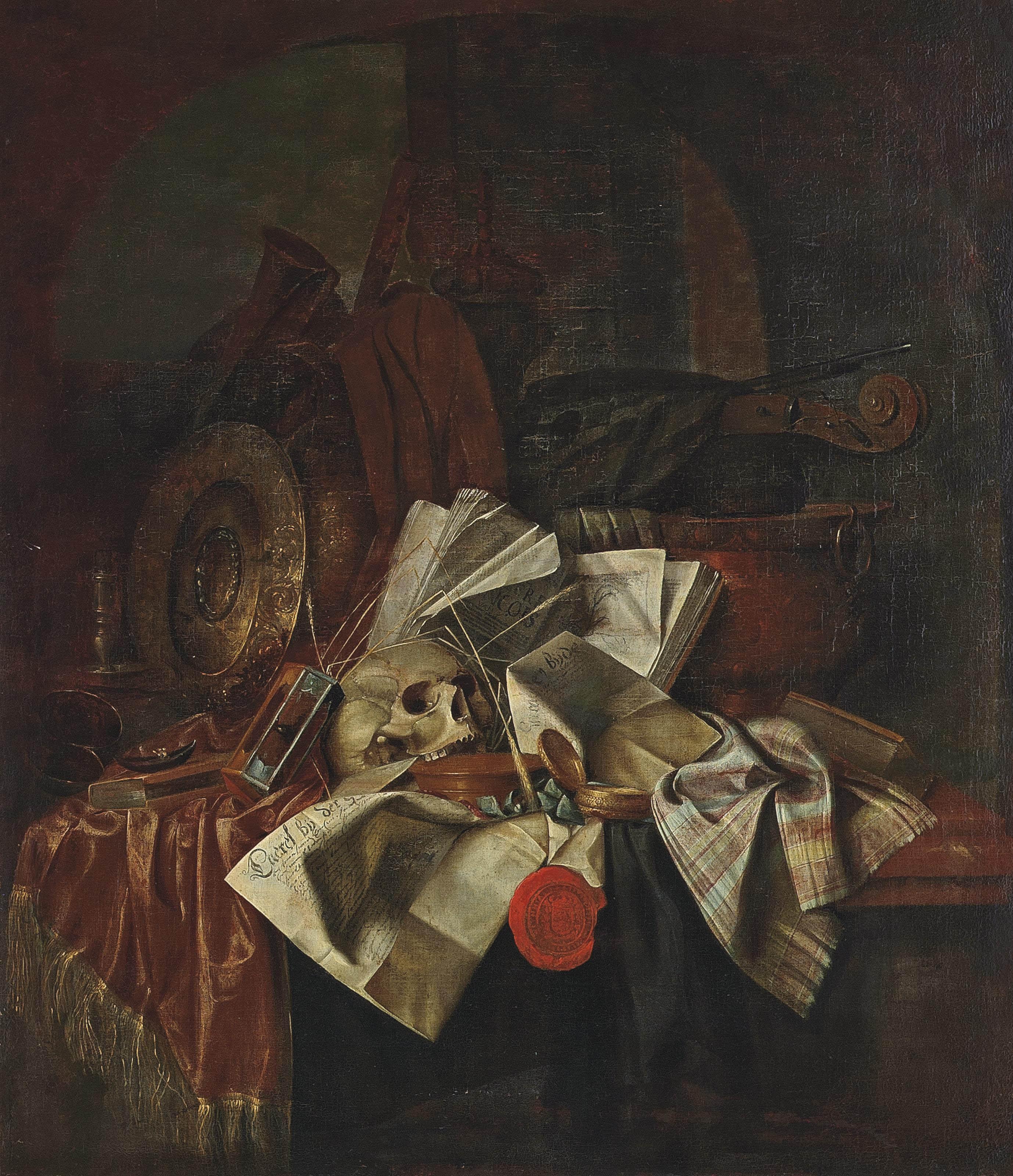 Franciscus Gijsbrechts - A skull, an hour glass, a shield with books and papers on a partly draped table