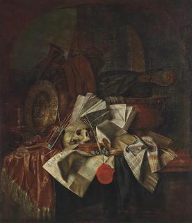 Franciscus Gijsbrechts - A skull, an hour glass, a shield with books and papers on a partly draped table