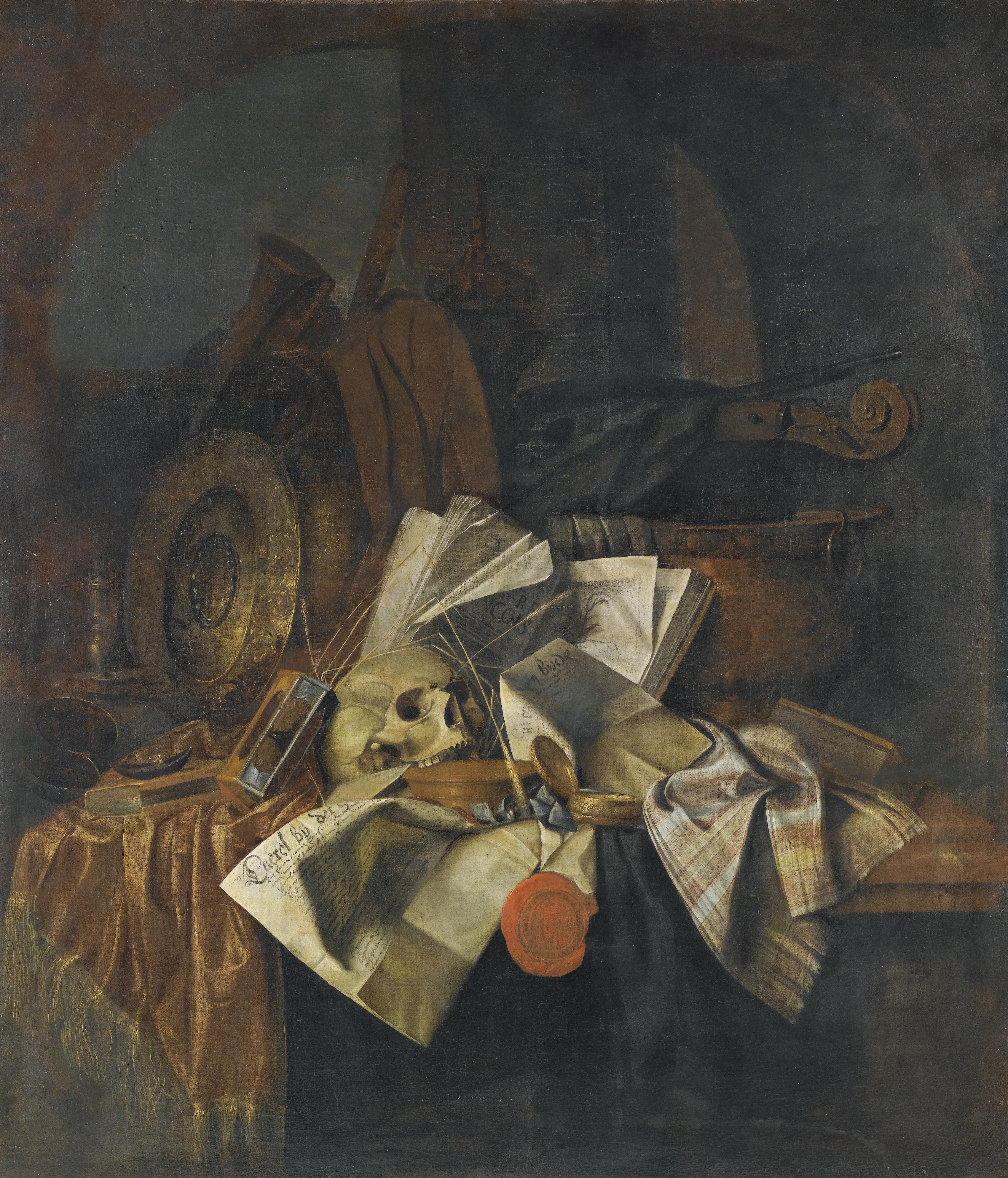 Franciscus Gijsbrechts - A Vanitas Still Life With A Skull, A Shield, An Hour Glass, Books And Papers On A Tabletop